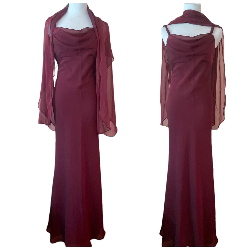 Small Burgundy Evening Dress Prom Dress with Scarf Shawl